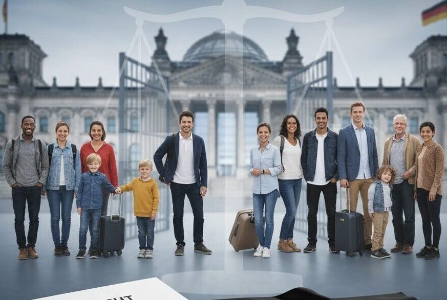 Eine vielfältige Gruppe von Menschen steht vor dem Reichstagsgebäude in Berlin, im Vordergrund sind ein Dokument zum Migrationsrecht und eine deutsche Flagge zu sehen.