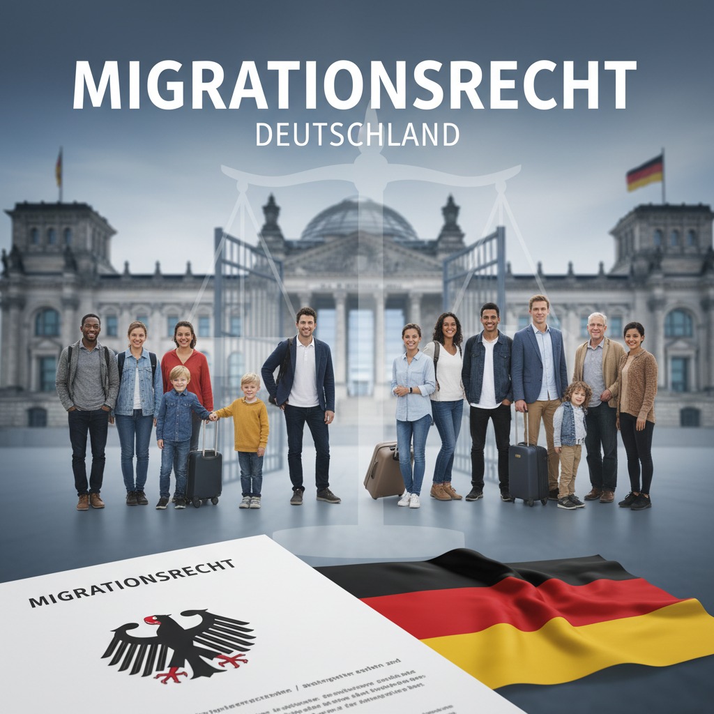 Eine vielfältige Gruppe von Menschen steht vor dem Reichstagsgebäude in Berlin, im Vordergrund sind ein Dokument zum Migrationsrecht und eine deutsche Flagge zu sehen.
